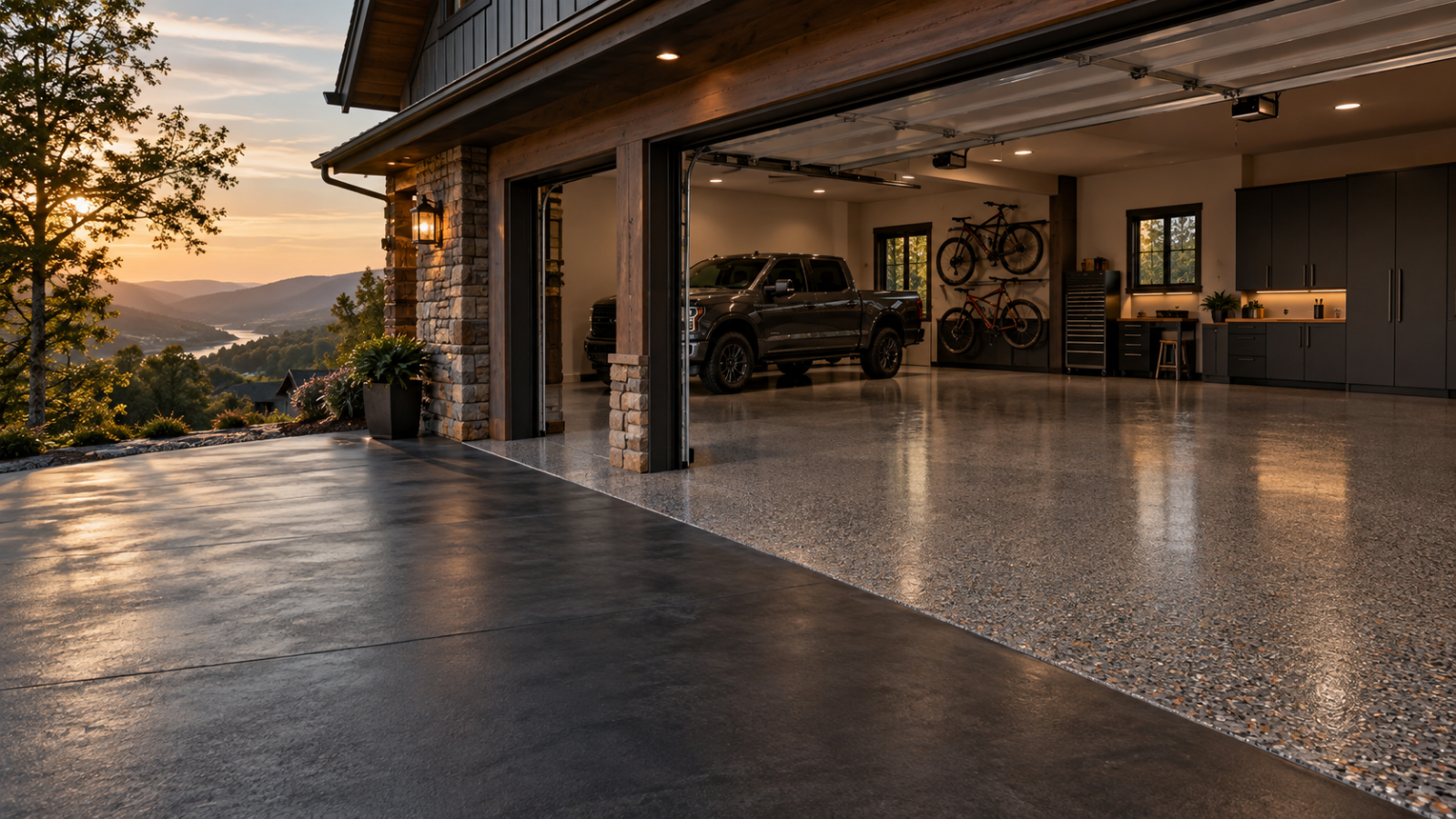 Finished full-flake garage floor in a Chattanooga-area home