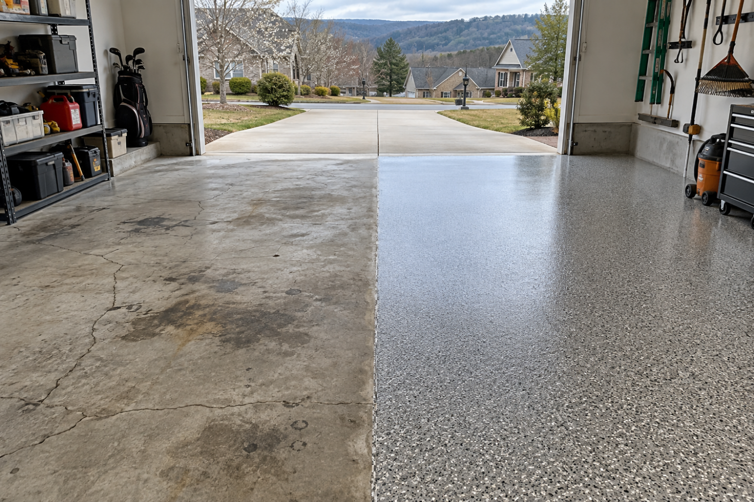 Prepared concrete and a finished flake garage floor coating