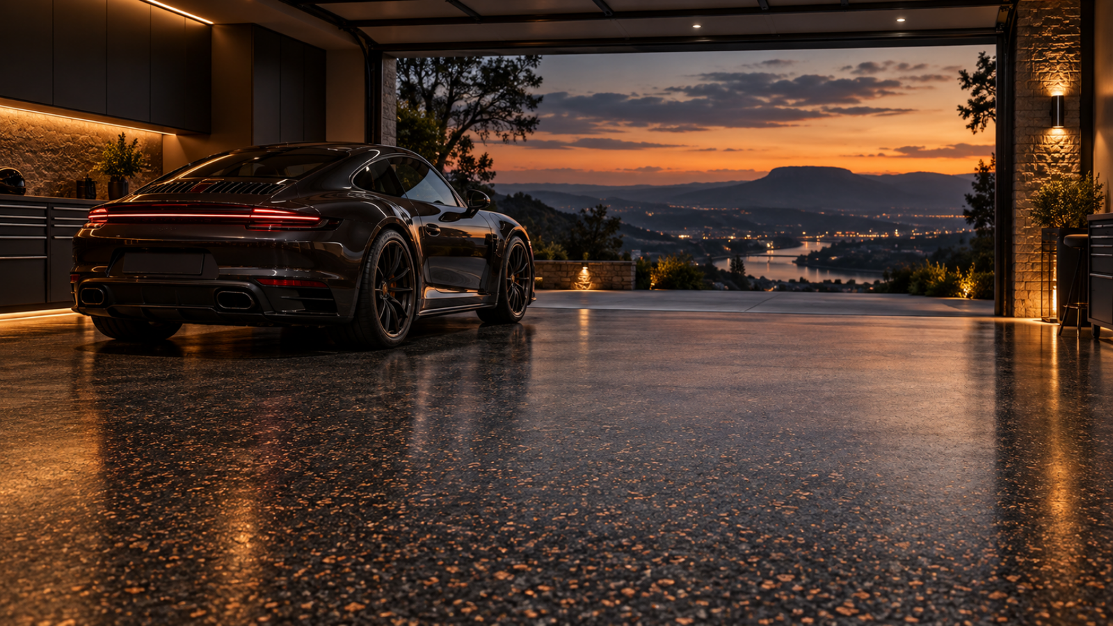 Illustrative evening garage with a decorative coated floor